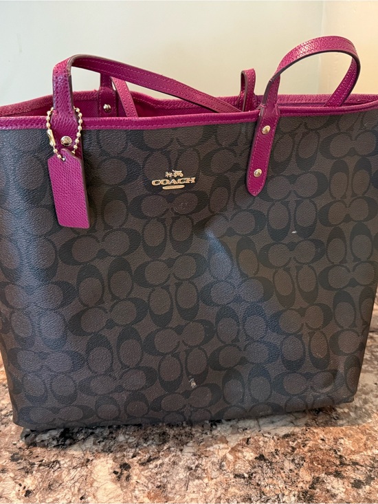 Coach Handbags - Coach Brown Signature Tote with Fuchsia Trim
